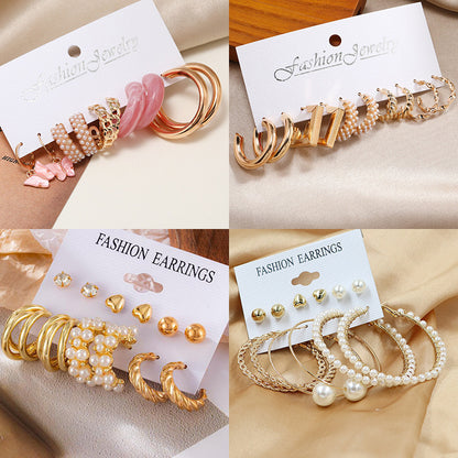 Set Alloy Metal Earrings Pearl Earrings