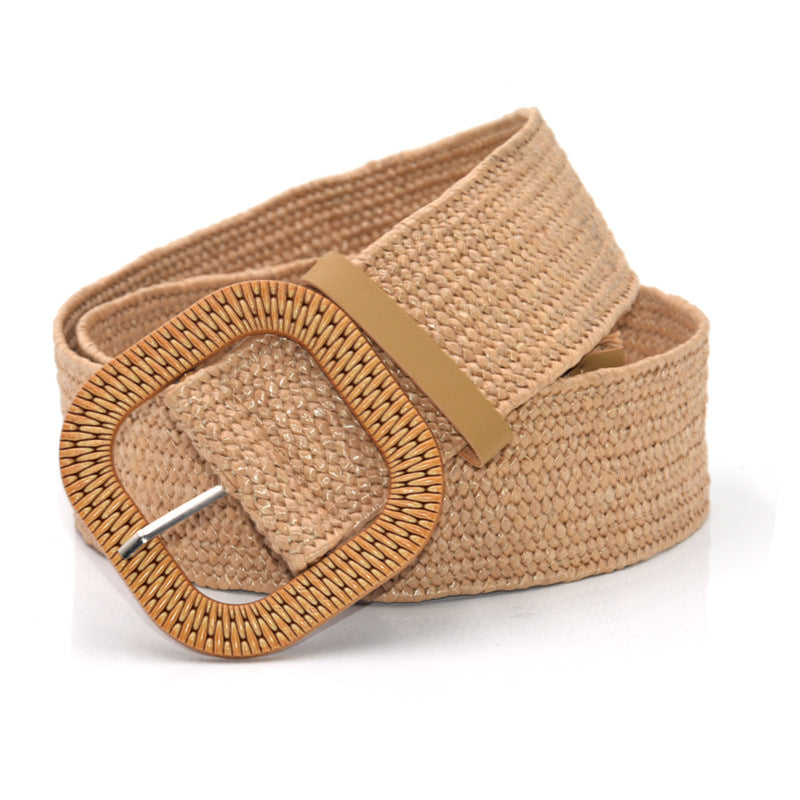 Woven belt Wood-colored square buckle belt