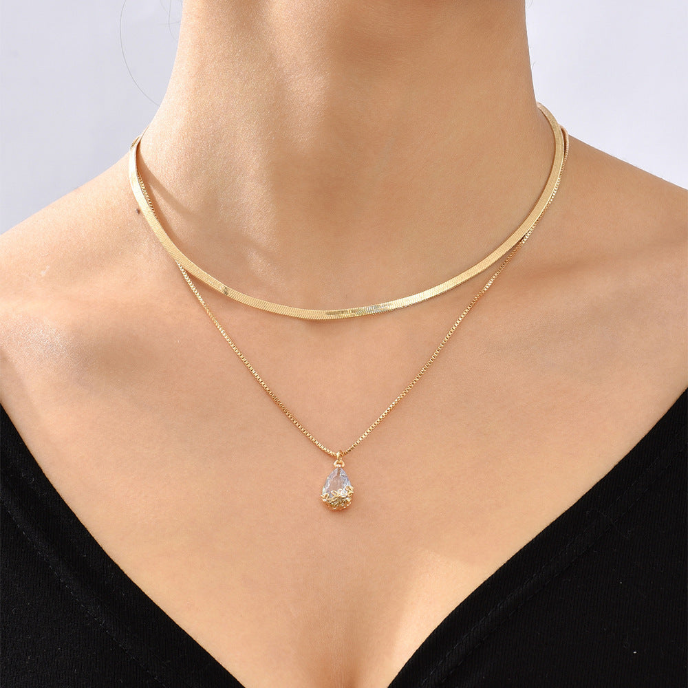 Golden teardrop zircon double-layer necklace