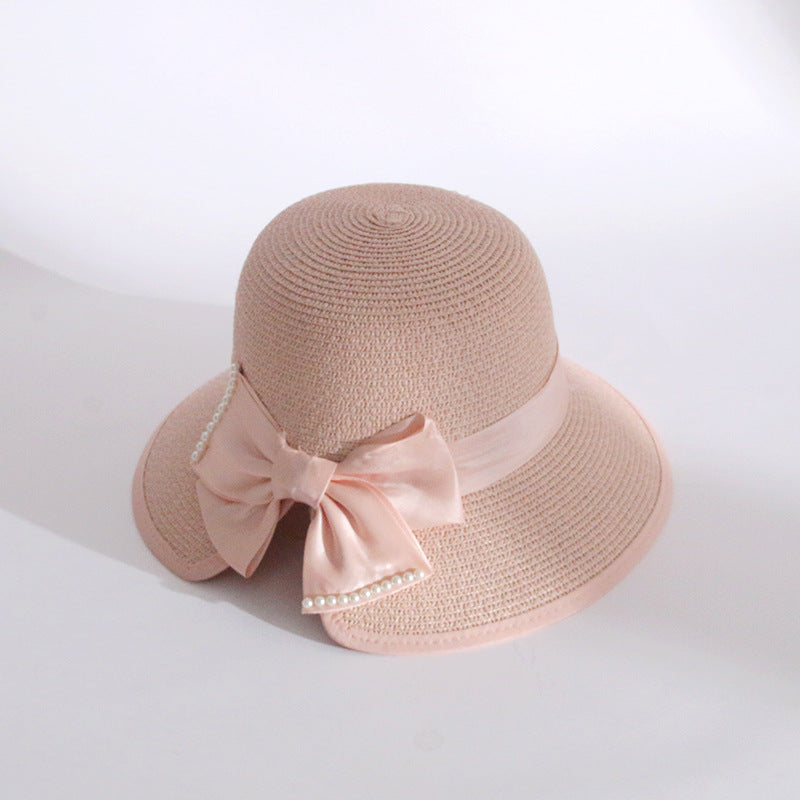 Bow Sun Hat Women Fashion Straw Korean Pearl Wide Brim UV Fisherman