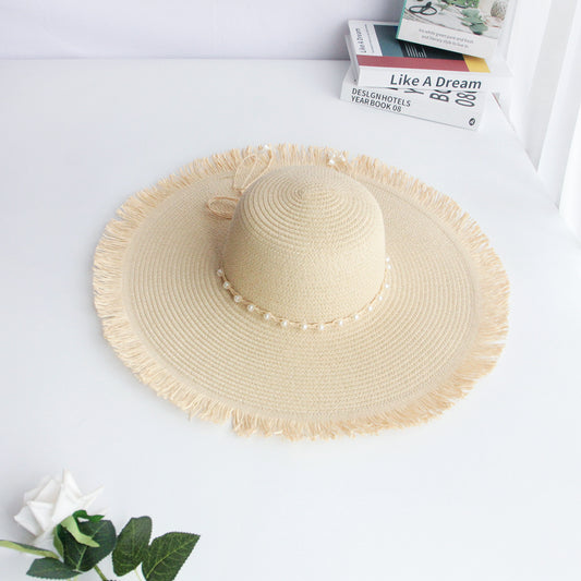 New Long Fringe Pearl Beige Wide Brim Beach Sun Protection Straw