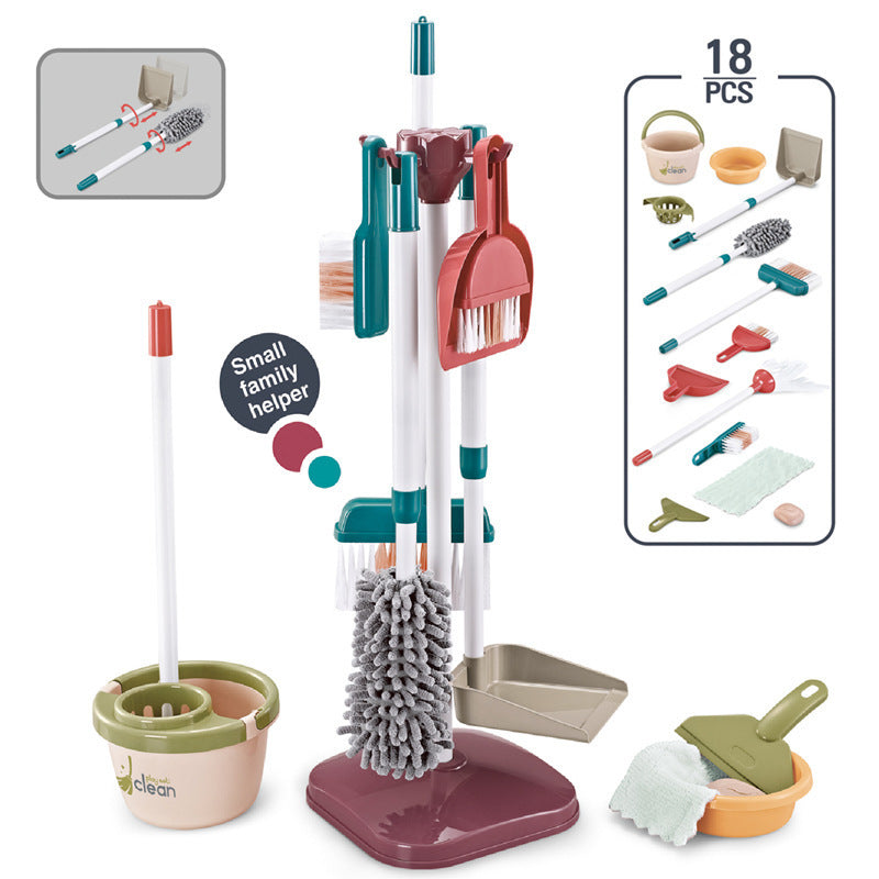 Children's Pretend Play Cleaning Tools Cart with Vacuum Cleaner, Broom, Mop Set for Housekeeping Toy