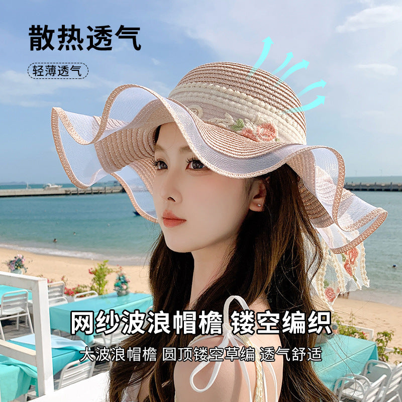 Influencer Ribbon Lace Sun Hat Summer Wide-Brim Straw Hat