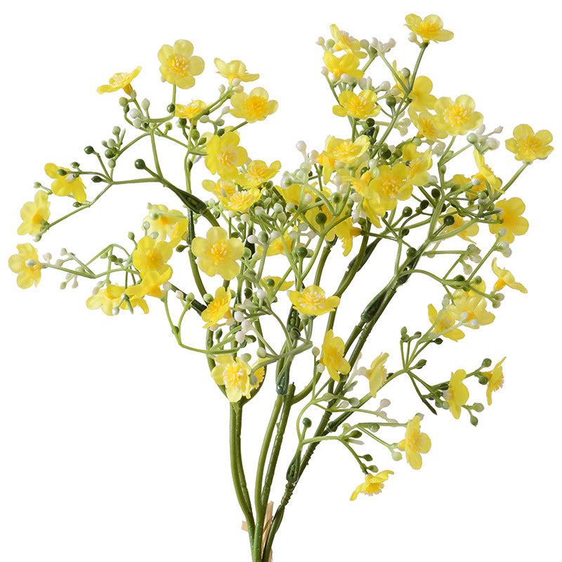 Holding a simulated bouquet of baby's breath