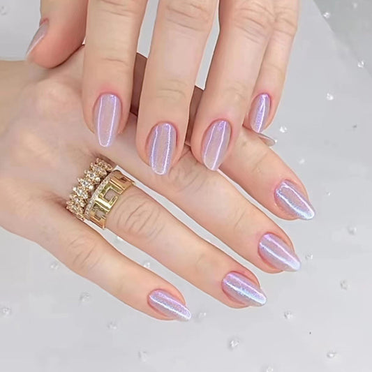 Oval Shape Round Aurora Flash Pink Purple Nails