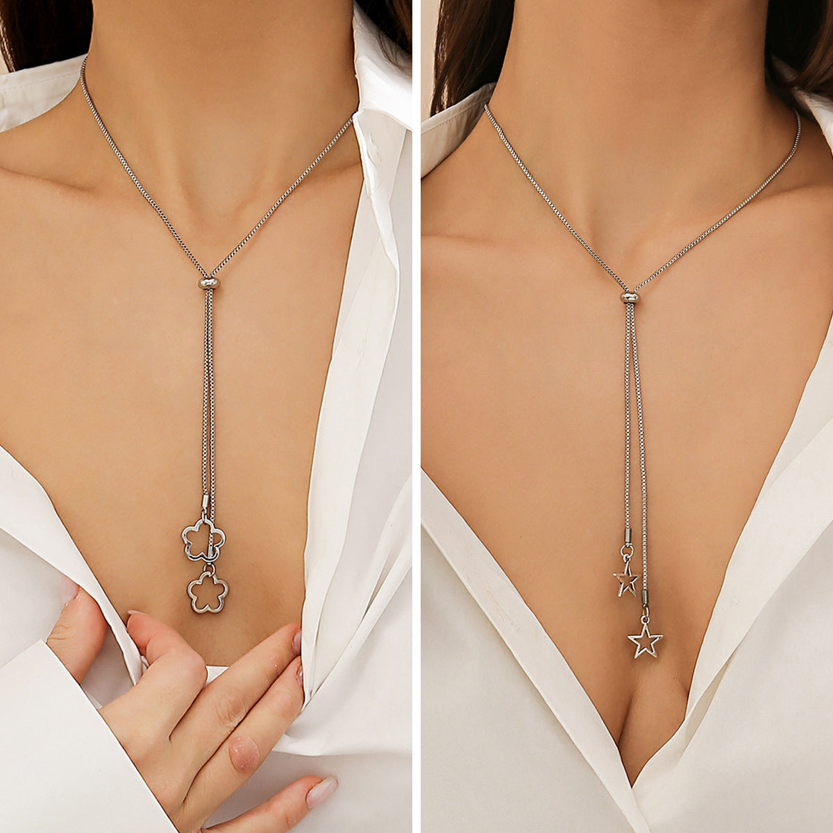 Flower star thin chain necklace