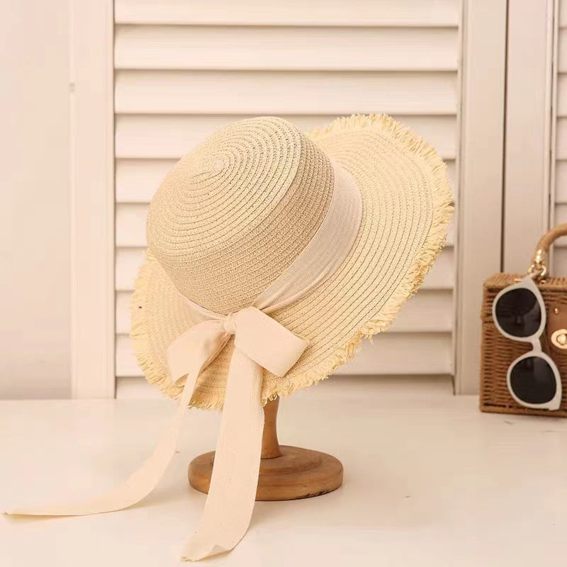 Trend Bow Straw Hat Women Summer Woven Flat Brim Vacation Sun