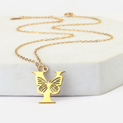 26 letter butterfly titanium steel hollow necklace