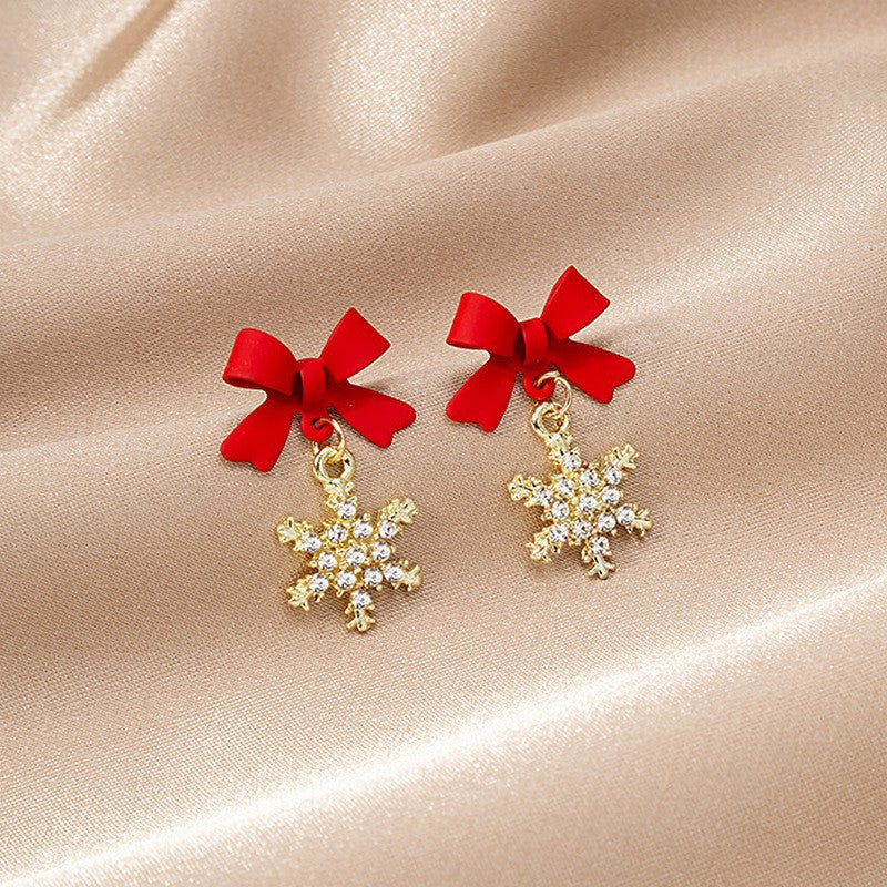 Black red bow snowflake stud earrings