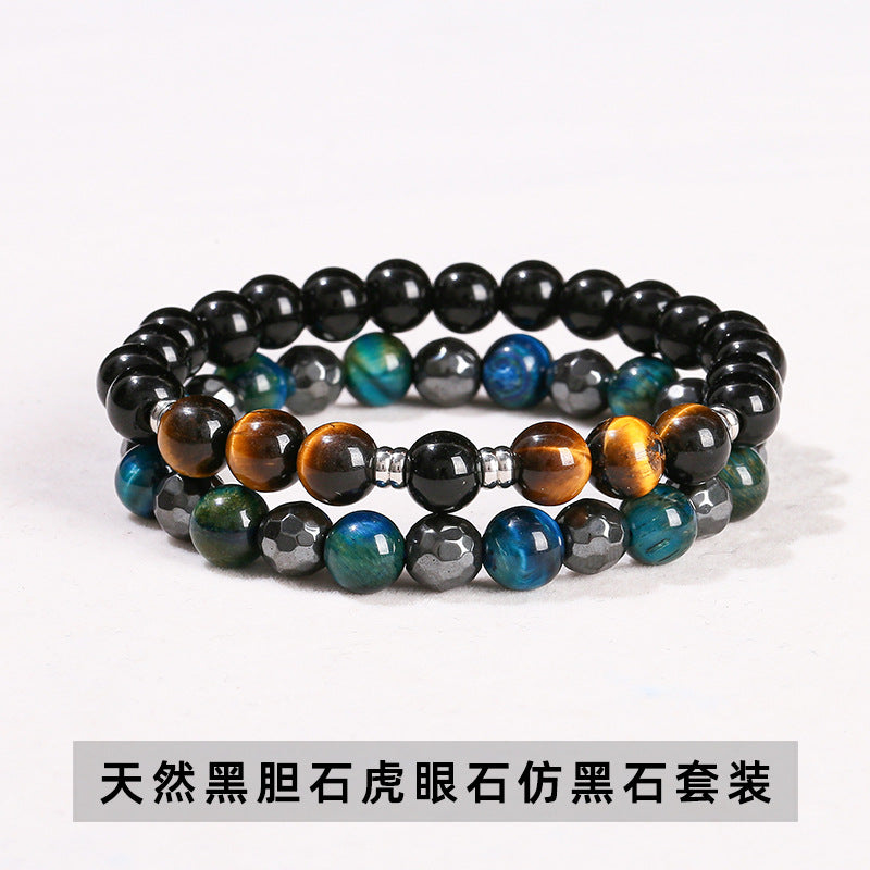 Natural black gallstone sapphire blue tiger's eye stone round bead bracelet.