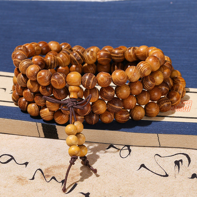 Pulsera de cuentas de Buda de sándalo dorado 108 de madera de seda dorada 