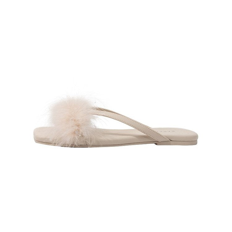 Real rabbit fur flat-bottomed slippers