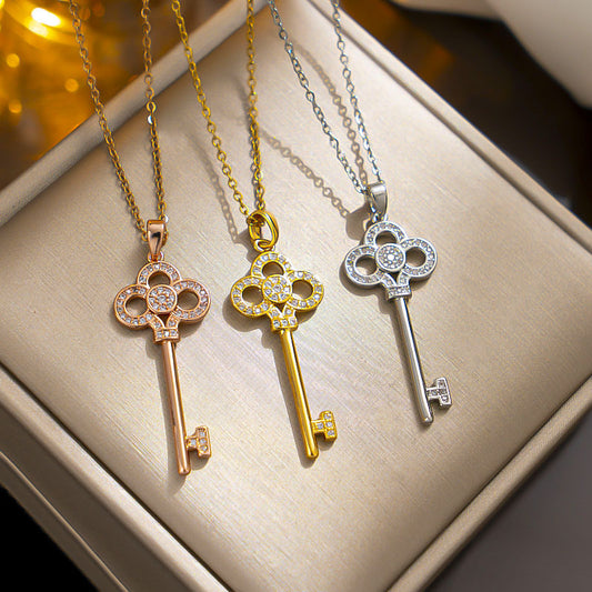 Gold-plated Titanium Steel Clover Key Necklace, Elegant Live Selling