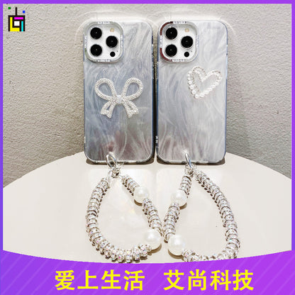 iPhone 15 Silver Bow Pearl Bracelet Apple 14 Premium 13 Heart