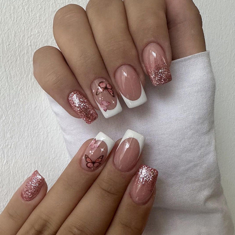 Sparkling Rose Pink Butterfly Square Fake Nails