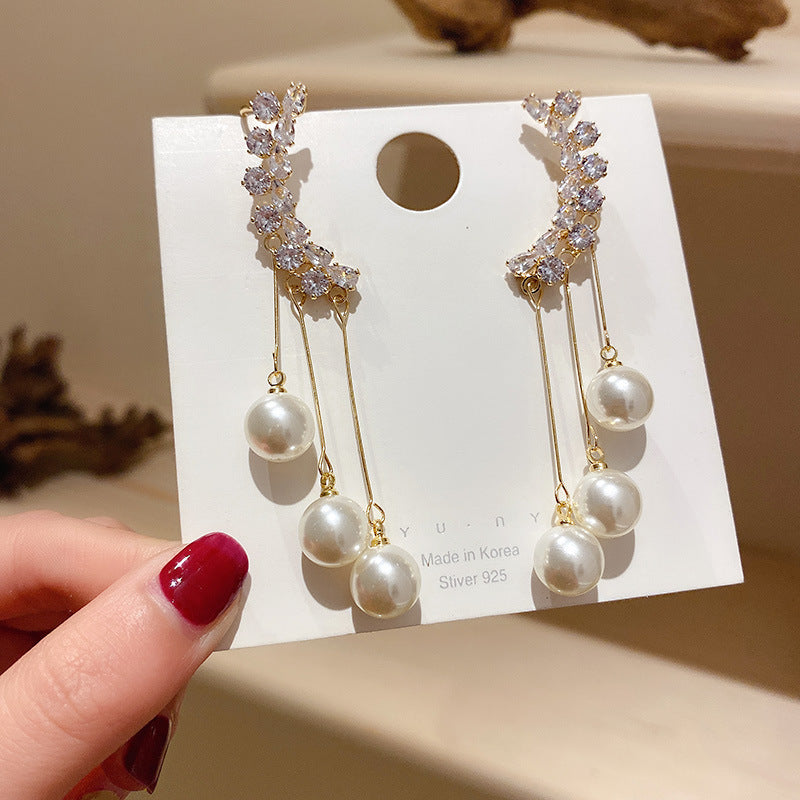 Temperament tassel long pearl earrings