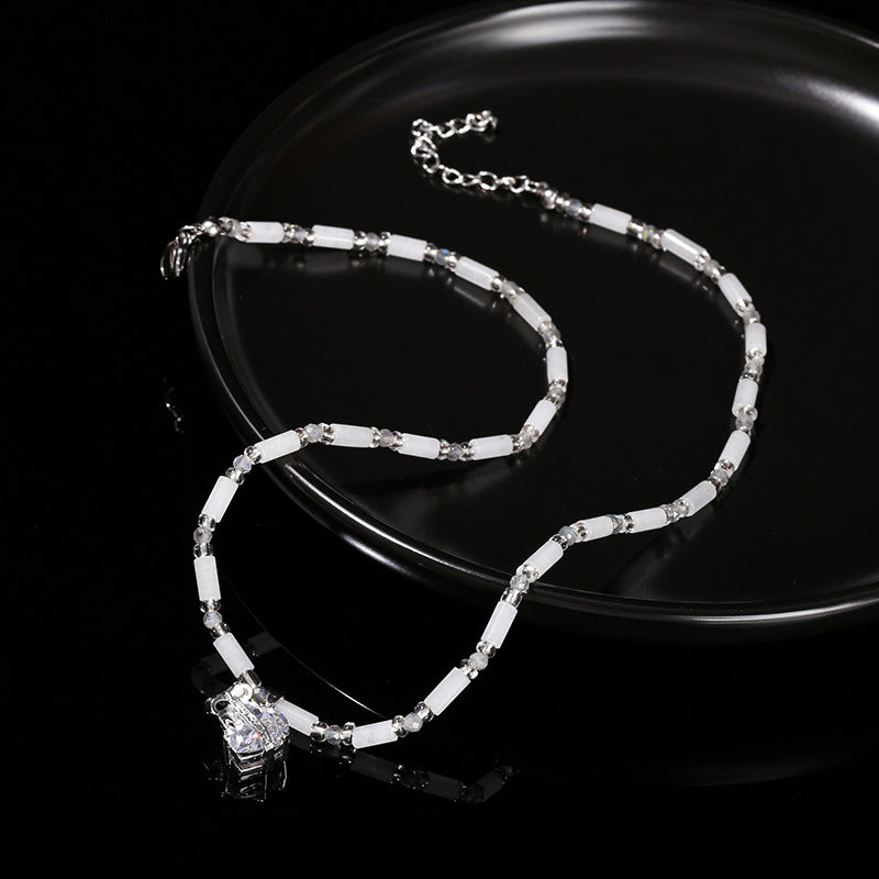 White jade round tube bead necklace zircon love pendant