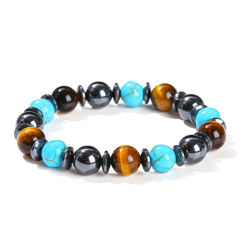 Natural yellow tiger's eye stone, black gallstone and blue pine mixed bracelet.