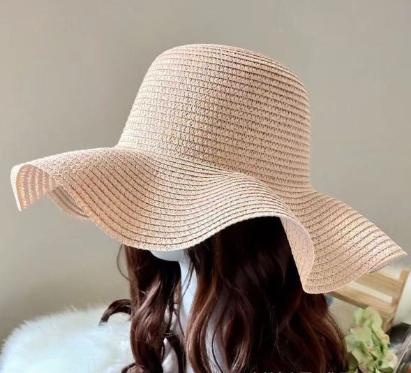 Sombrero de paja con lazo y borde ondulado para verano, ala grande, protección UV 