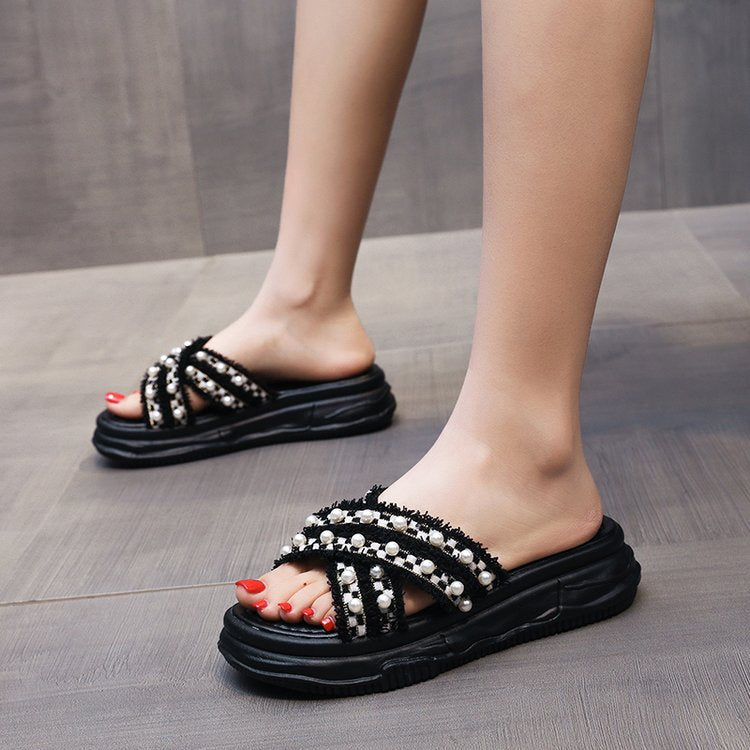 Cross pearl platform slippers