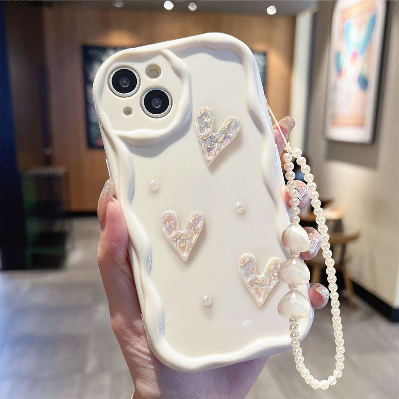 3D Wavy Edge Case iPhone15 Pro X 12 Heart Pearl Full TPU Cover