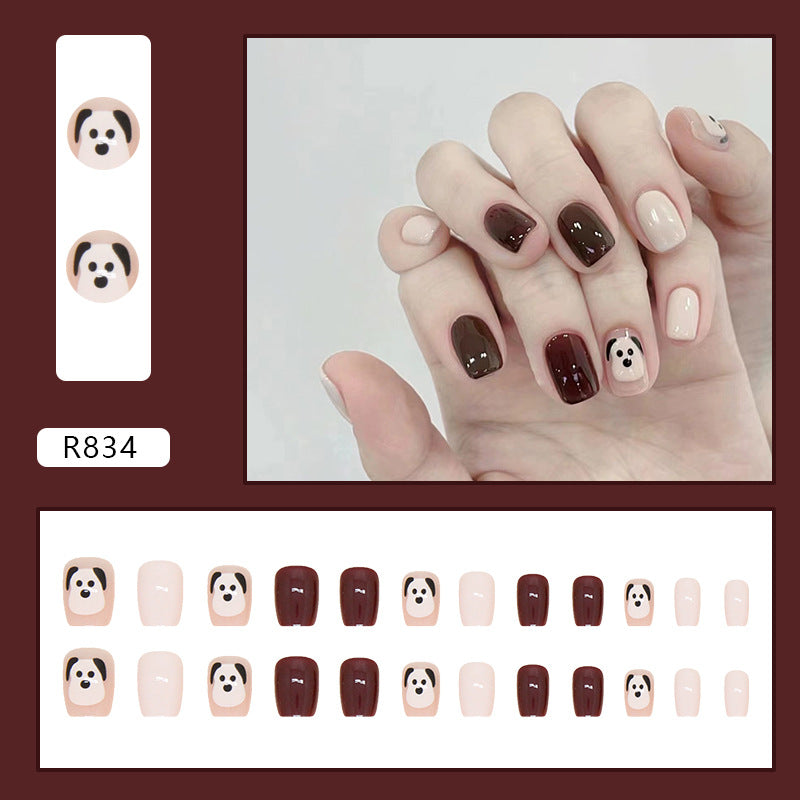 Cute Dog Autumn Winter Wine Red Short Tapered Nails