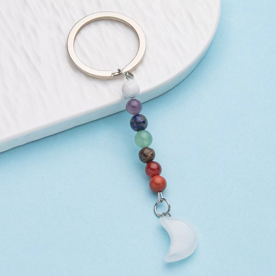 Colorful natural crystal agate moon pendant stainless steel keychain