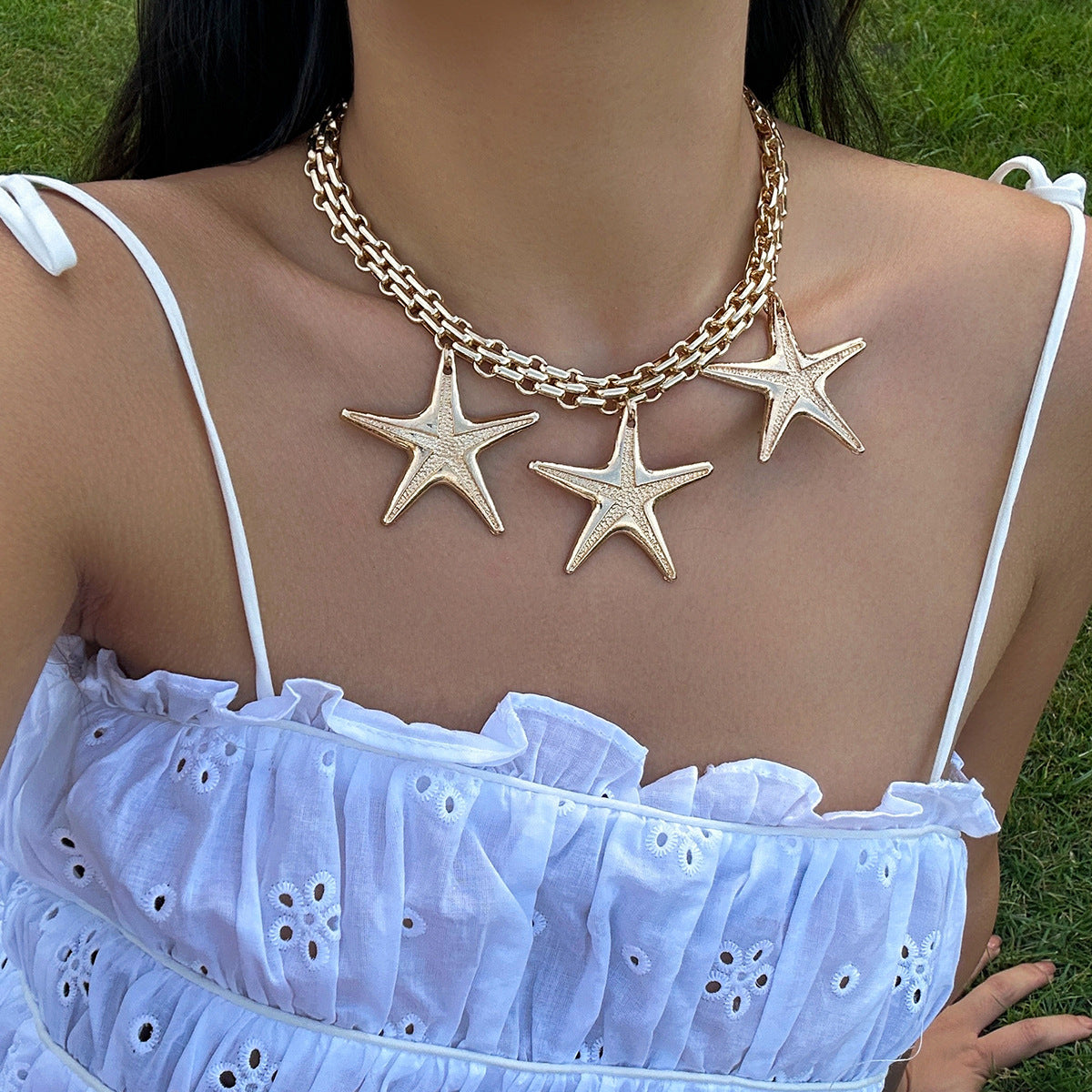 Heart-shaped pentagram alloy double-row clavicle chain