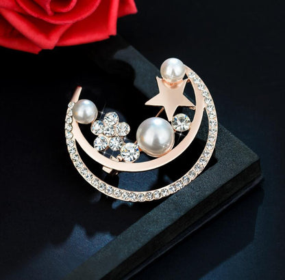 Moon Star Rhinestone Imitation Pearl Brooch