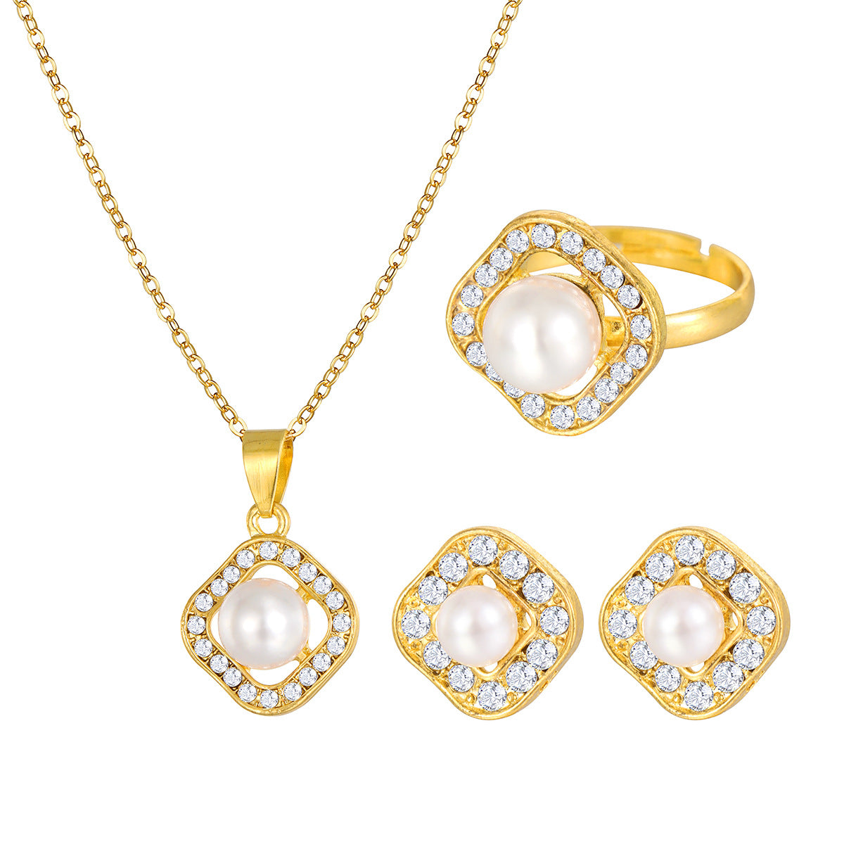 Diamond Square Pearl Earrings, Ring and Necklace Set