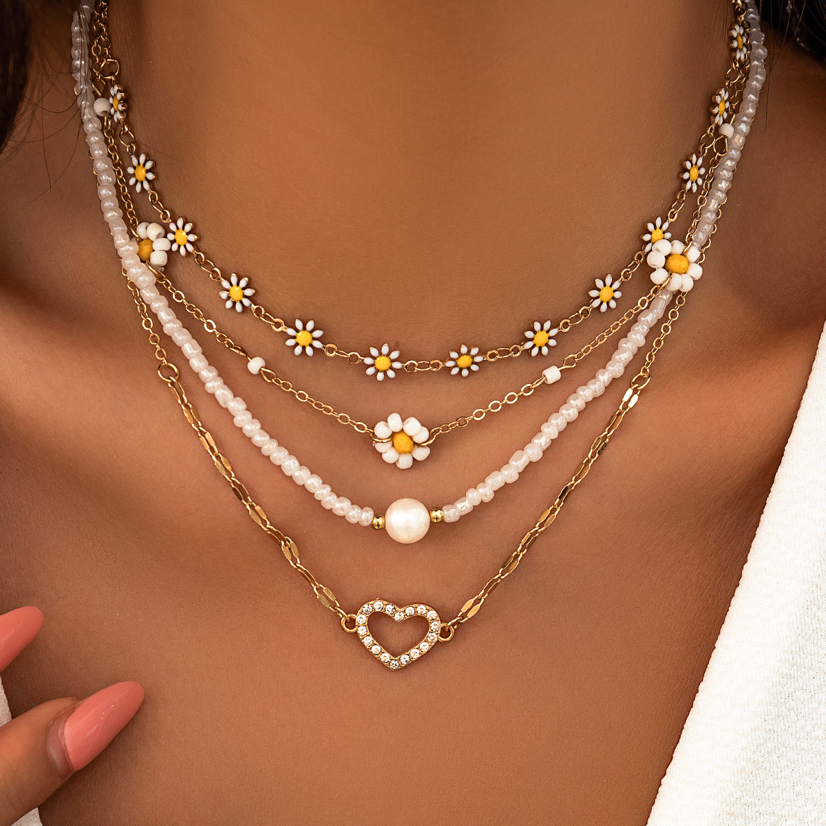 Pearl Daisy Heart Multi-layer Necklace