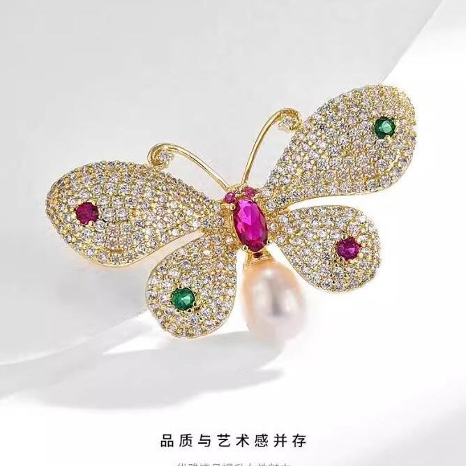 Colored Sparkling Diamond Pearl Butterfly Brooch