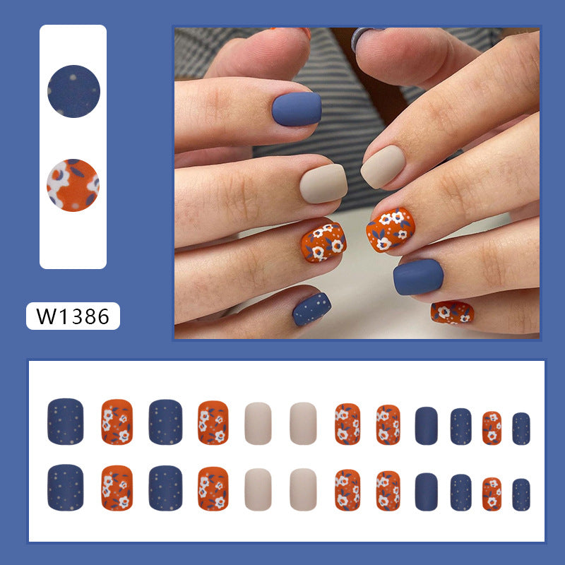 Short Brown-Blue Floral Square Fake Nails