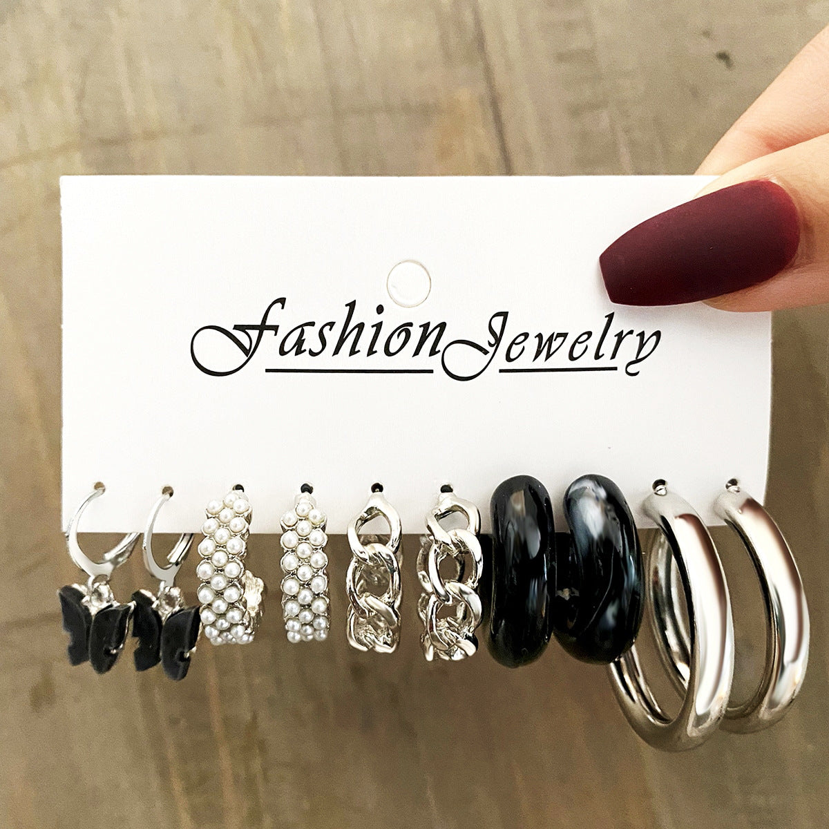 Black C-shaped stud earrings set of 6 pairs