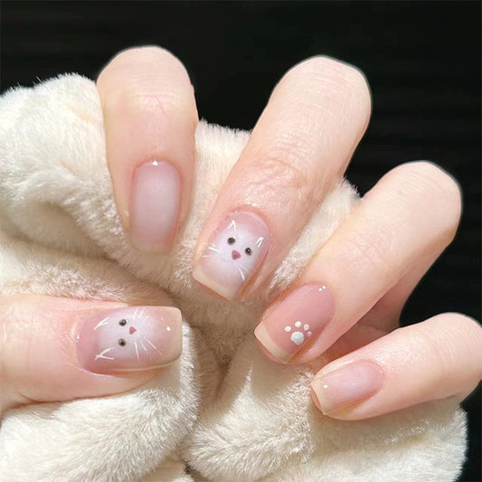 Wearable Cat Short Square Ombre Nail Stickers 24 Pieces