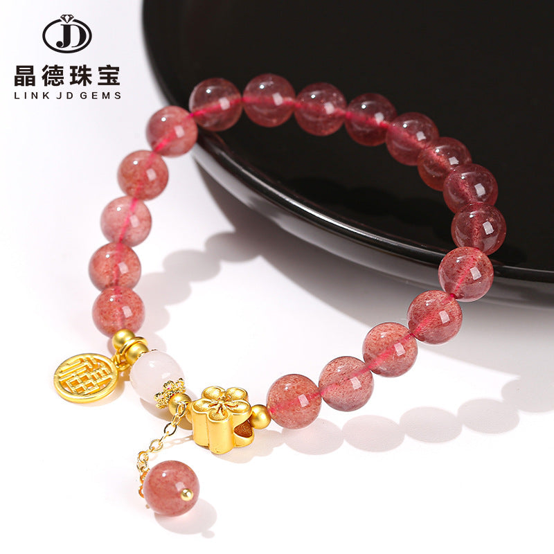 Natural strawberry crystal white jade peach blossom bracelet