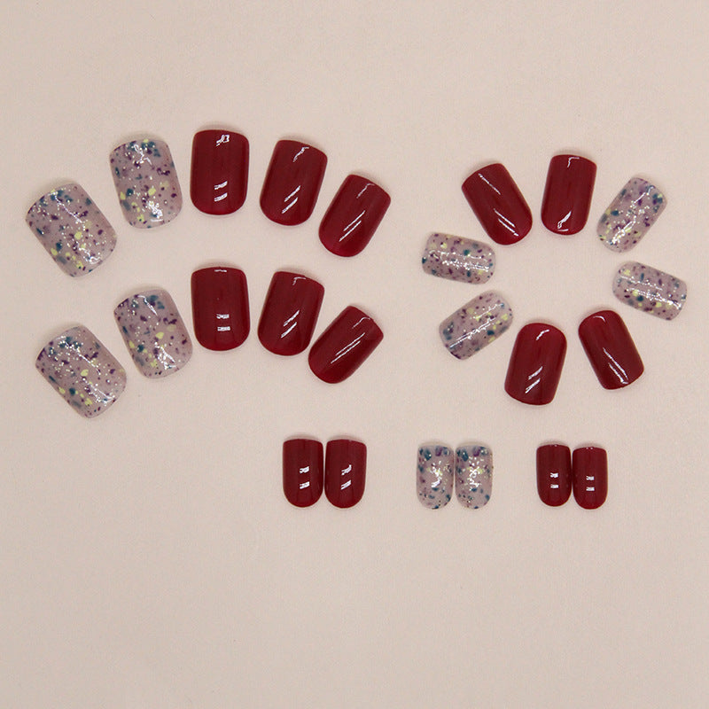 Vintage Burgundy Glitter Short Square Fake Nails