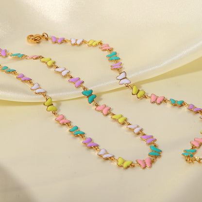 Colorful Enamel Butterfly Bracelet Necklace Set