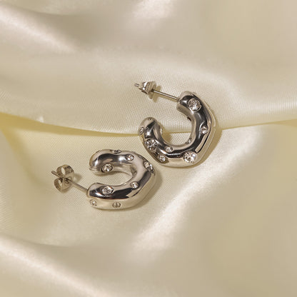 Hammered Zirconia C-Shaped Steel Hoop Earrings