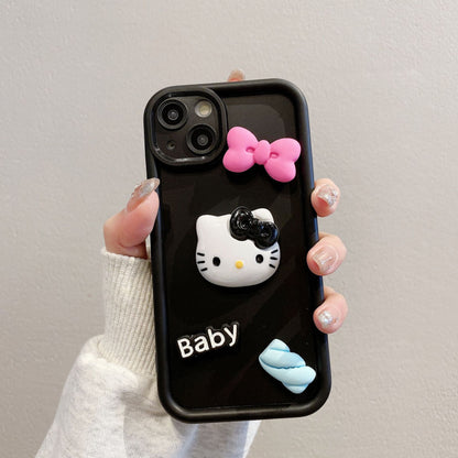 Funda de bambú alta para iPhone 15 Pro 12 XR con lazo 3D de Hello Kitty, cubierta completa, linda 