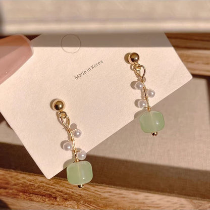 Jade bead pearl stud earrings pastoral earrings