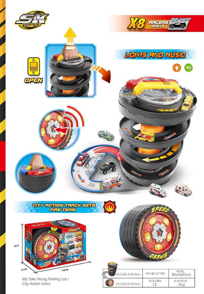 Children's Portable Transforming Tire Track Storage Parking Lot DIY Assembly Spinning Track Toy