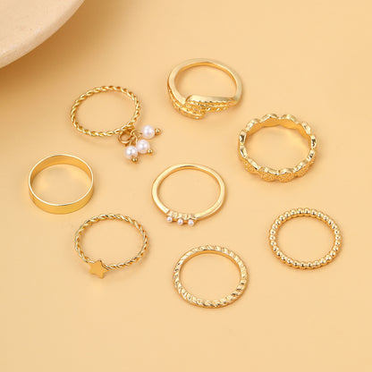 Five-pointed star leaf pearl gold ring 8-piece set