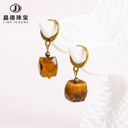 Natural yellow tiger's eye stone sugar cube stainless steel earrings