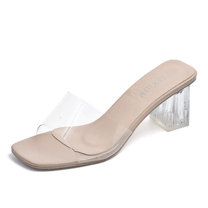 Crystal thick heel with transparent cool slippers