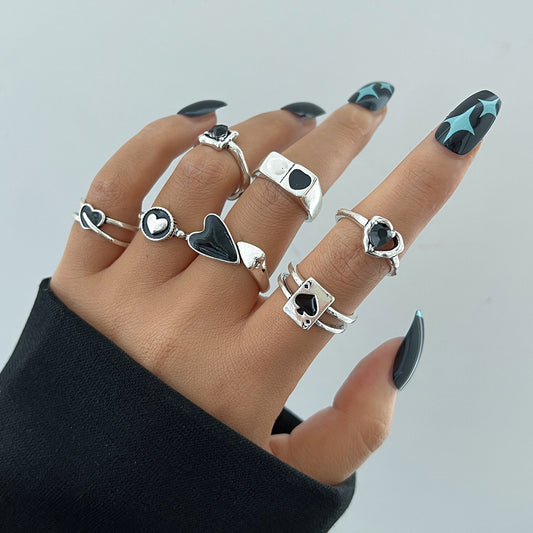 Black love oil drop ring set 7 pieces