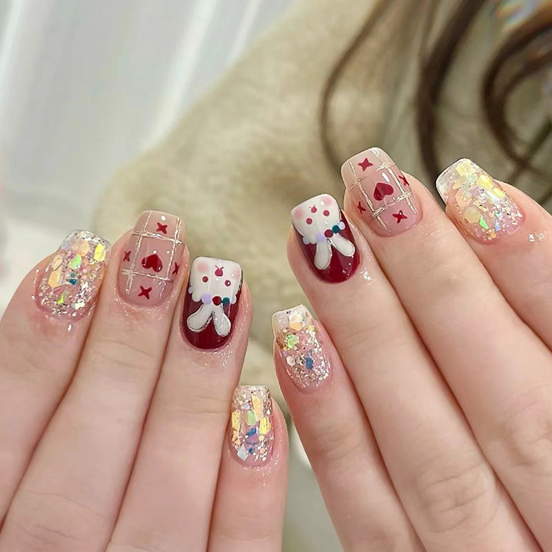 New Year Glitter Red Heart Rabbit Nails