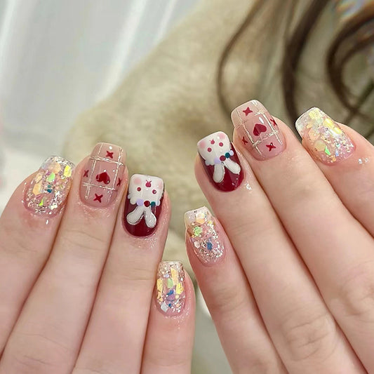 New Year Glitter Red Heart Rabbit Nails