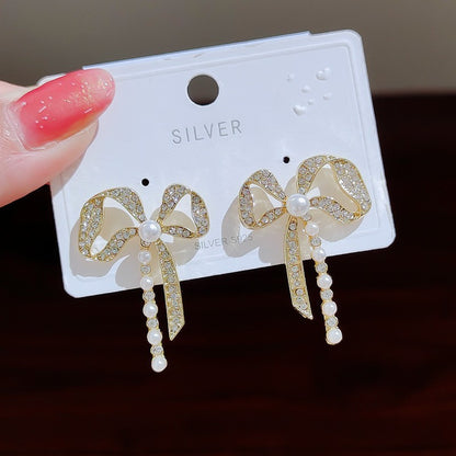 925 Silver Needle Diamond Bow Pearl Earrings