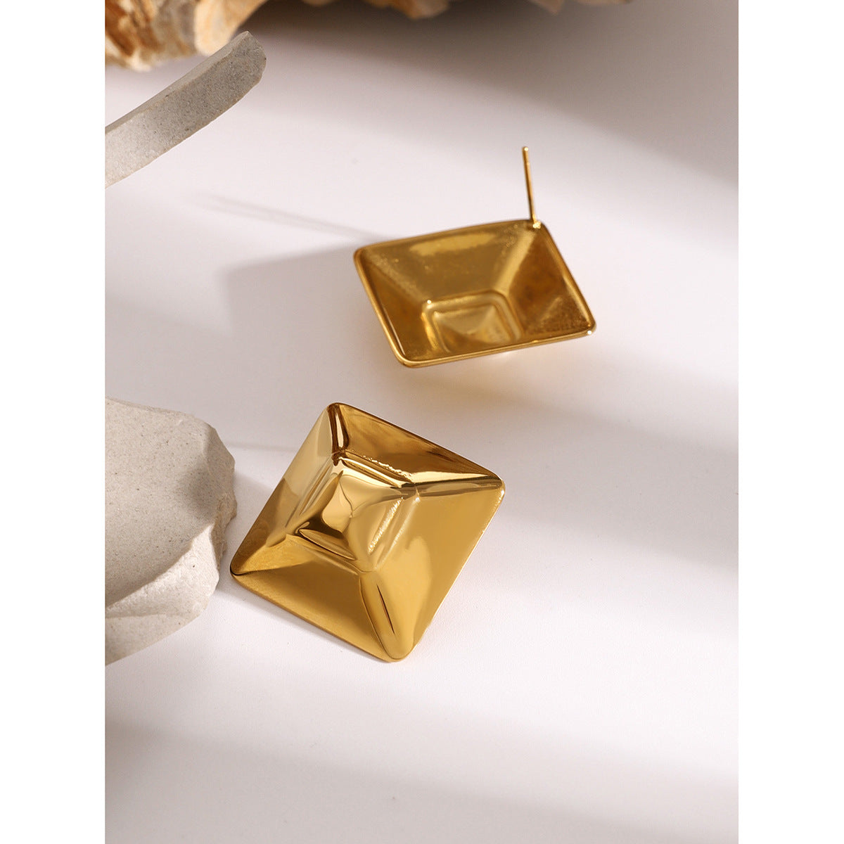 Gold Tower Square Cabochon Earrings